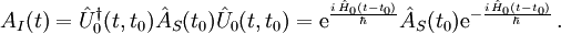 A_I(t)=\hat U_0ˆ{\dagger}(t,t_0)\hat A_S (t_0)\hat U_0(t,t_0)={\rm e}ˆ{\frac{i\,\hat H_0(t-t_0)}{\hbar}}\hat A_S (t_0){\rm e}ˆ{-\frac{i\,\hat H_0(t-t_0)}{\hbar}} \, .