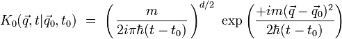 K_0(\vec{q},t|\vec{q}_0,t_0) \ = \ \left( \, \frac{m}{2 i \pi \hbar (t-t_0)} \, \right)ˆ{d/2} \ \exp \left( \frac{ + i m(\vec{q}-\vec{q}_0)ˆ2}{2 \hbar (t-t_0)}  \right)