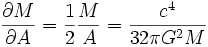 \frac{\partial M}{\partial A} = \frac{1}{2} \frac{M}{A} = \frac{cˆ4}{32 \pi Gˆ2 M}