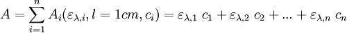 A = \sum_{i=1}ˆn A_i(\varepsilon_{\lambda, i}, l=1cm, c_i) = \varepsilon_{\lambda,1} \; c_1 + \varepsilon_{\lambda,2} \; c_2 + ... + \varepsilon_{\lambda,n} \; c_n