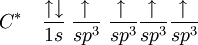 
Cˆ{*}\quad
\frac{\uparrow\downarrow}{1s}\;
\frac{\uparrow\,}{spˆ3}\;
\frac{\uparrow\,}{spˆ3}
\frac{\uparrow\,}{spˆ3}
\frac{\uparrow\,}{spˆ3}
