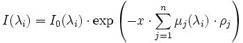 I(\lambda_i) = I_0(\lambda_i) \cdot \exp \left (- x \cdot \sum_{j = 1}ˆn \mu_j (\lambda_i) \cdot \rho_j \right )