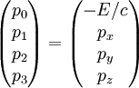 
\begin{pmatrix}
p_0 \\ p_1 \\ p_2 \\ p_3 
\end{pmatrix} = 
\begin{pmatrix}
-E/c \\ p_x \\ p_y \\ p_z 
\end{pmatrix}
