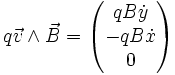 q \vec v \wedge \vec B = \begin{pmatrix} qB\dot y  \\ -qB \dot x  \\ 0 \end{pmatrix}