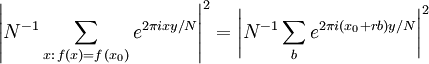 \left| Nˆ{-1} \sum_{x:\, f(x)=f(x_0)} eˆ{2\pi i x y/N} \right|ˆ2
= \left| Nˆ{-1} \sum_{b} eˆ{2\pi i (x_0 + r b) y/N} \right|ˆ2
