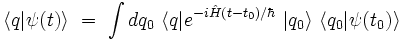  \langle q | \psi(t) \rangle \ = \ \int dq_0 \ \langle q |eˆ{-i\hat{H} (t-t_0) /\hbar} \  | q_0 \rangle \ \langle q_0 | \psi(t_0) \rangle