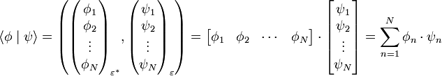 \langle \phi \mid \psi \rangle = \left( \begin{pmatrix} \phi_1 \\\phi_2 \\\vdots \\\phi_N \end{pmatrix}_{\varepsilonˆ*}, \begin{pmatrix} \psi_1 \\\psi_2 \\\vdots \\\psi_N \end{pmatrix}_{\varepsilon} \right) = \begin{bmatrix} \phi_1 & \phi_2 & \cdots & \phi_N \end{bmatrix} \cdot \begin{bmatrix} \psi_1 \\\psi_2 \\\vdots \\\psi_N \end{bmatrix} = \sum_{n = 1}ˆN{\phi_n \cdot \psi_n}