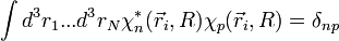 \int dˆ3r_1 ..
ˆ3r_N \chi_nˆ*(\vec r_i, R)\chi_p(\vec r_i, R)=\delta_{np}