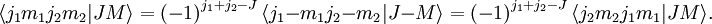 \langle j_1 m_1 j_2 m_2|J M \rangle = \left(-1\right)ˆ{j_1+j_2-J}\langle j_1 {-m_1} j_2 {-m_2}|J {-M}\rangle= \left(-1\right)ˆ{j_1+j_2-J} \langle j_2 m_2 j_1 m_1|J M \rangle.
