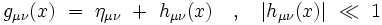 g_{\mu \nu}(x) \ = \ \eta_{\mu \nu} \ + \ h_{\mu \nu}(x) \quad , \quad | h_{\mu \nu}(x) | \ \ll \ 1