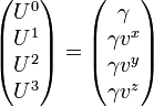 
\begin{pmatrix}
Uˆ0 \\ Uˆ1 \\ Uˆ2 \\ Uˆ3 
\end{pmatrix} = 
\begin{pmatrix}
\gamma \\ \gamma vˆx \\ \gamma vˆy \\ \gamma vˆz 
\end{pmatrix}
