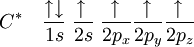 
Cˆ{*}\quad
\frac{\uparrow\downarrow}{1s}\;
\frac{\uparrow\,}{2s}\;
\frac{\uparrow\,}{2p_x}
\frac{\uparrow\,}{2p_y}
\frac{\uparrow\,}{2p_z}
