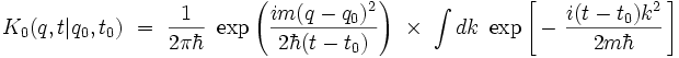 K_0(q,t|q_0,t_0) \ = \ \frac{1}{2 \pi \hbar} \ \exp \left( \frac{i m(q-q_0)ˆ2}{2 \hbar (t-t_0)}  \right) \ \times \ \int dk \ \exp \left[ \, - \ \frac{i (t-t_0) kˆ2}{2m\hbar} \, \right]