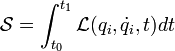 
\mathcal{S} = \int_{t_0}ˆ{t_1 } \mathcal{L} ( q_i, \dot{q}_i, t ) dt
