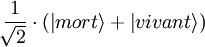 \frac{1}{\sqrt[]{2}} \cdot (\left| mort \right\rangle + \left| vivant \right\rangle)