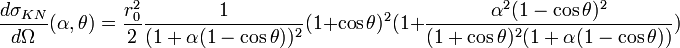  \frac {d\sigma_{KN}} {d\Omega}(\alpha, \theta) = \frac{r_0ˆ2} {2} \frac {1} {(1 + \alpha (1-\cos{\theta}))ˆ2} (1 + \cos{\theta})ˆ2 (1+ \frac {\alphaˆ2 (1-\cos{\theta})ˆ2} {(1 + \cos{\theta})ˆ2(1 + \alpha (1-\cos{\theta}))})