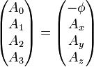 
\begin{pmatrix}
A_0 \\ A_1 \\ A_2 \\ A_3 
\end{pmatrix} = 
\begin{pmatrix}
-\phi \\ A_x \\ A_y \\ A_z 
\end{pmatrix}
