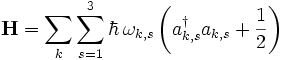 
\mathbf{H} = \sum_k \sum_{s=1}ˆ3 \hbar \, \omega_{k,s}
\left( a_{k,s}ˆ{\dagger}a_{k,s} + \frac{1}{2} \right)
