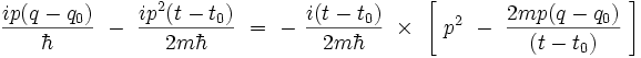 \frac{i p (q-q_0)}{\hbar} \ - \ \frac{ipˆ2(t-t_0)}{2m\hbar} \ = \  
- \ \frac{i (t-t_0)}{2m\hbar}  \ \times \ \left[ \ pˆ2 \ - \ \frac{2mp(q-q_0)}{(t-t_0)} \ \right]