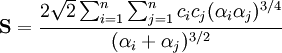 \mathbf S = \frac {2\sqrt{2} \sum_{i=1}ˆn \sum_{j=1}ˆn c_i c_j (\alpha_i\alpha_j)ˆ{3/4}}{(\alpha_i+\alpha_j)ˆ{3/2}}