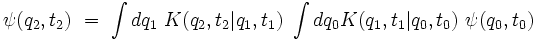  \psi(q_2,t_2) \ = \ \int dq_1 \ K(q_2,t_2|q_1,t_1) \ \int dq_0 K(q_1,t_1|q_0,t_0) \  \psi(q_0,t_0) 